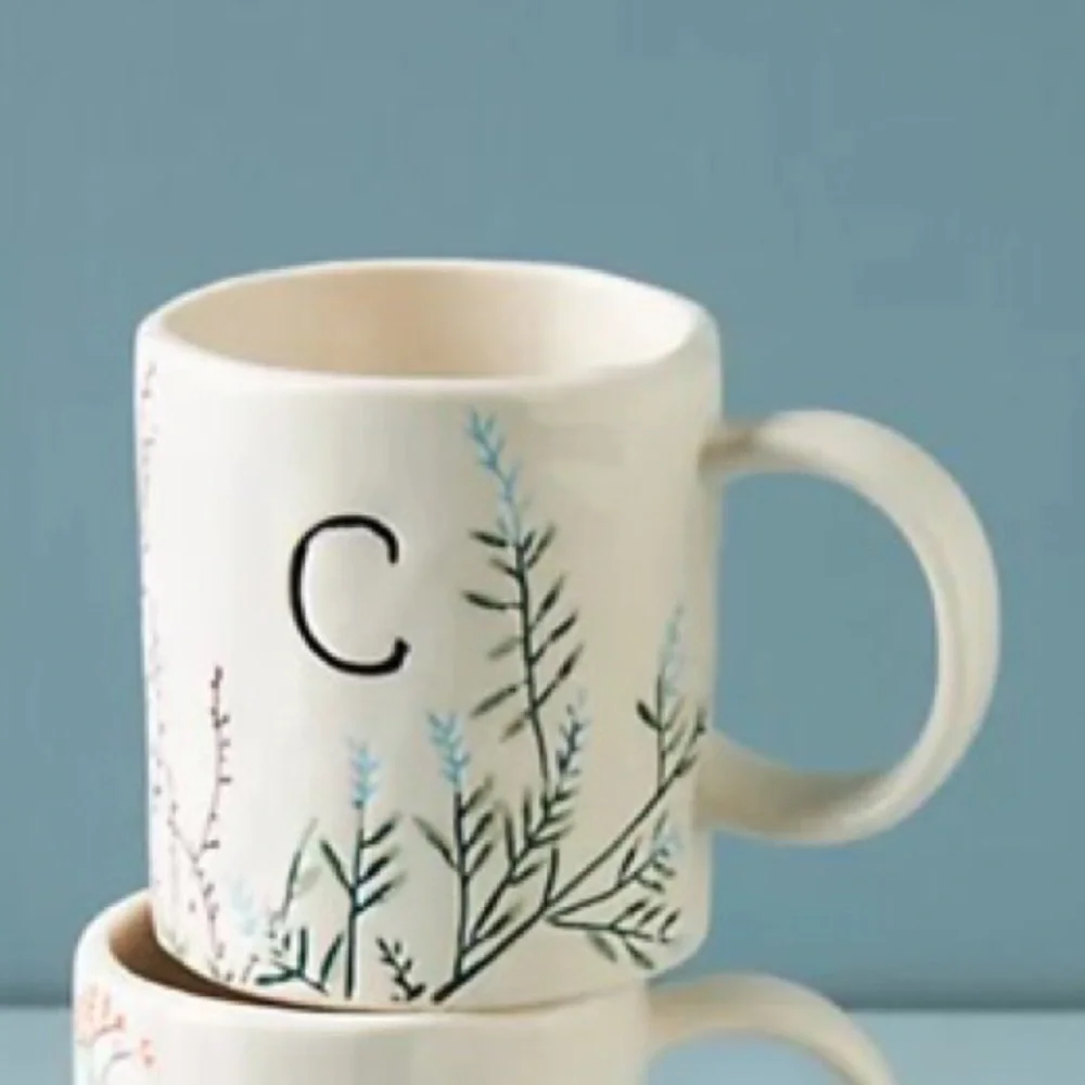 Anthropologie Handpainted Stoneware Floral Botanical Monogram C Mug New In Box